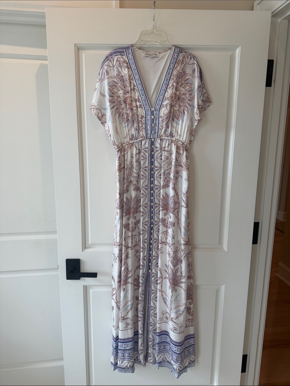 HALE BOB Floral and Palm Print V-Neck Maxi Dress in White, Blue and Tan - Size M
